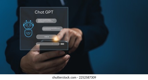 ChatGPT Chat with AI or Artificial Intelligence. Digital chatbot, robot application, OpenAI generate. Futuristic technology, Man using smartphone on virtual screen. - Shutterstock ID 2252587309