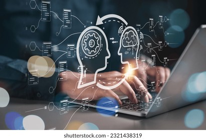 ChatGPT Chat with AI, Artificial Intelligence. Man using technology smart robot AI, artificial intelligence by enter command prompt for generates something, Futuristic technology transformation.
