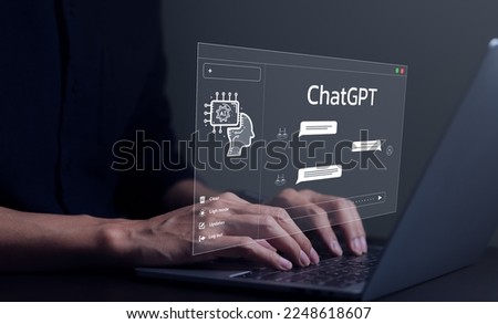 ChatGPT Chat with AI or Artificial Intelligence technology. Businessman using a laptop computer chatting with an intelligent artificial intelligence asks for the answers he wants.
