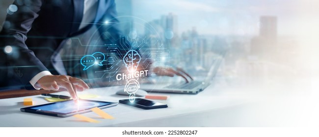 ChatGPT, Chat bot,  AI or Artificial Intelligence. Businessman working with smart assistant ChatGPT. AI on data global network connection cyber. developed by OpenAI. - Shutterstock ID 2252802247