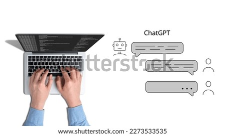 Chatgpt communication concept. Neural network and artificial intelligence. Person working on a laptop. 商業照片 © 