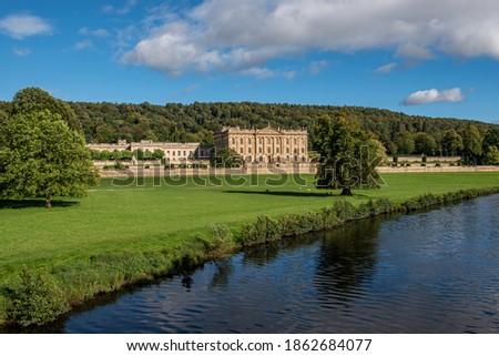 Chatsworth House in the Peak District, England. Image taken from the DVH Way a public footpath. The house was the setting for the popular television series Pride and Prejudice