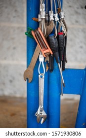 Chattanooga, Tennessee, USA // 11-27-19 : Tools Hanging On A Public Bike Repair Station Located In Riverpark. 