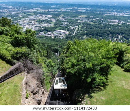 Chattanooga, Tennessee/ USA - June 6, 2018: Panoramic view of The Incline on Lookout Mountain looking down into the Tennessee River Valley. Built in 1895, this railway claims to be world's steepest.