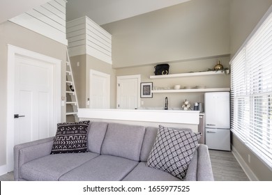 Chattanooga, TN / USA - 02 25 2020: Modern Living Room And Kitchen In Tiny Home