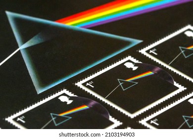 CHATTERIS, CAMBRIDGESHIRE, UK - JANUARY 3, 2017: A Closeup Shot Of A Sheet Of UK First Class Stamps, Depicting The Iconic Pink Floyd Album Dark Side Of The Moon.