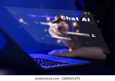 Chatting using Chat AI, a hologram virtual screen is floating in the air on a laptop and is being touched with a finger - Powered by Shutterstock - Get 15% off with code: PIKWIZARD15