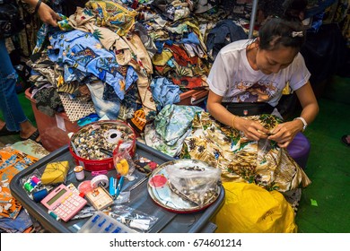 CHATUCHAK, BANGKOK, THAILAND - MAY 6, 2017: Second Hand Clothes For Sale In Chatuchak Weekend Market In Bangkok. Chatuchak Is One Of The Largest Bangkok Markets.