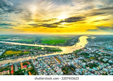 Chau Doc city, An Giang Province, Viet Nam, aerial view. This is a city bordering Cambodia, in the Mekong Delta region of Vietnam.