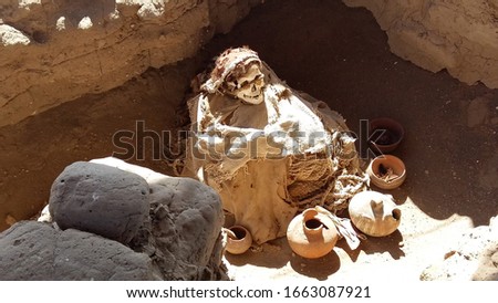 Chauchilla cemetery, near the Nazca lines. Pre-Inca indigenous peruvian mummies in religious burials. Stock photo © 