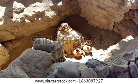 Chauchilla cemetery, near the Nazca lines. Pre-Inca indigenous peruvian mummies in religious burials. Stock photo © 
