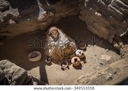 Chauchilla Cemetery with prehispanic mummies in Nazca desert, Peru Stock photo © 