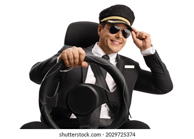 Chauffeur Driving A Car And Greeting With Hat Isolated On White Background