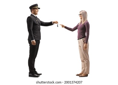 Chauffeur Giving Car Keys To A Young Blond Woman Isolated On White Background