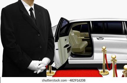 Chauffeur Waiting By The White Limousine