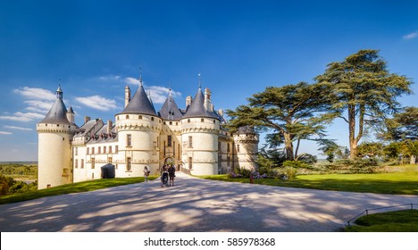 Chaumont-sur-Loire View, France. Medieval Castle Is Tourist Attraction Of Loire Valley. People Visit French Landmark In Summer. Landscape Of Park In Loire Valley, Scenery Of Pine Trees And Old Chateau