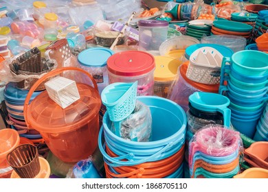 Cheap plastic household items for sale the market close  up Environment pollution concept