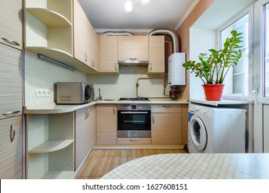 The Cheap Simple Interior Of A Small Kitchen Room In A Residential Flat. Rostov-on-Don / Russia - 2 Dec 2019.