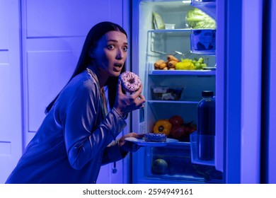 Cheat meal concept. Afraid lady eating donuts near opened fridge late in night, looking aside with scared face expression