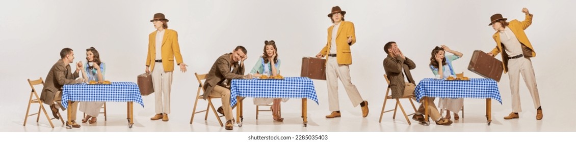 Cheating on boyfriend, husband. Collage with charming couple wearing old retro style clothes having date in cafe, restaurant. Love, weekend, relationship, retro, fashion, 60s, 70s, vintage, ad concept - Shutterstock ID 2285035403