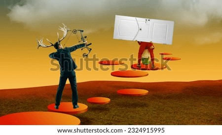 Cheating, unfaithful wife. Man aiming crossbow to door with two people kissing over abstract background. Contemporary art collage. Concept of surrealism, futurism, creativity, imagination, fantasy, ad