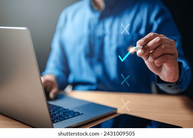 check, checklist, correct, mark, tick, wrong, answer, checkmark, choice, choose. businessman tick mark to rejected and approve document checklist.check problem solution management via filling online.