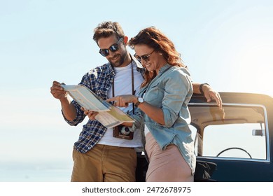 Check, couple and map outdoor for destination, location search and navigation for road trip. Happy people, man and woman with paper for guidance, direction and instructions for adventure journey - Powered by Shutterstock