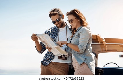 Check, couple and map outdoor for navigation, location search and destination for road trip. Happy people, man and woman with paper for guidance, direction and instructions for adventure journey - Powered by Shutterstock