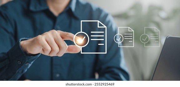 check, document, checklist, choice, guarantee, answer, assurance, certificate, choose, list. A man is holding a piece of paper with a check mark on it. Concept of approval or validation. - Powered by Shutterstock