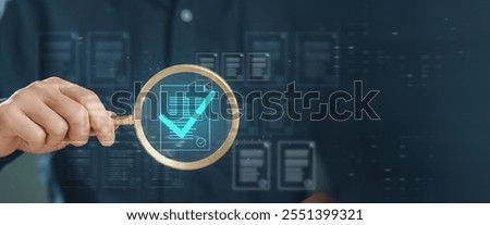 check, document, checklist, choice, guarantee, answer, assurance, certificate, choose, list. A person holding a magnifying glass over a computer screen with a green check mark.