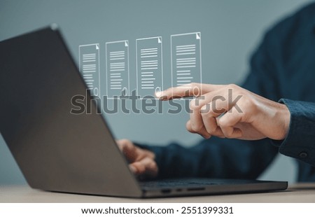 check, document, checklist, choice, guarantee, answer, assurance, certificate, choose, list. A person is pointing at a laptop screen with three documents displayed.