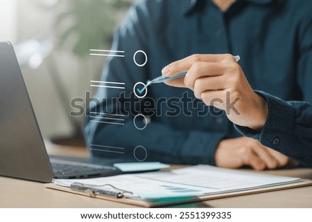 check, document, checklist, choice, guarantee, answer, assurance, certificate, choose, list. A person is using a pen to check off items. as the person is actively working through a list or checklist.