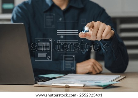 check, document, checklist, choice, guarantee, answer, assurance, certificate, choose, list. A person is using to check off items on a list. The displays a list of items with check marks next to them.