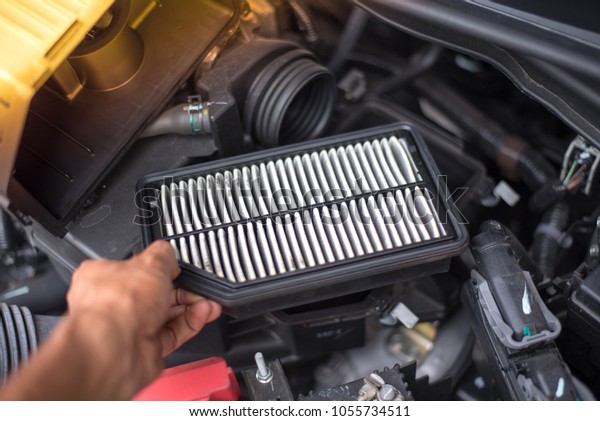 Check engine air filter for replacement and blow\
out dust.