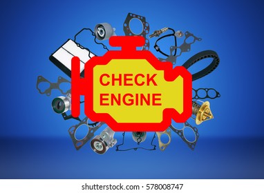 Check engine light symbol. Image of auto spare parts on white background