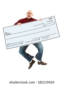 Check: Excited Man Jumping For Joy With Large Bank Check