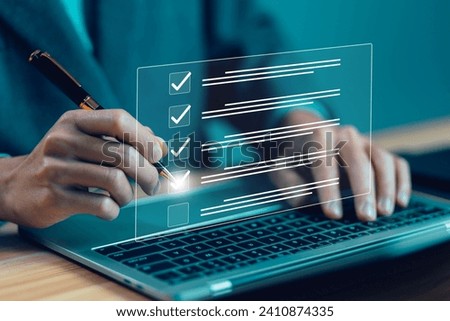 check the form online on the laptop, documents tick the checkmark. concept of checklist process order, audit on the list of documents. business verify task detail and evaluation tick mark
