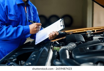 Check and inspect the condition of the car engine in detail. The mechanic is writing on a clipboard while looking at the car engine to assess the car's repair and maintenance.