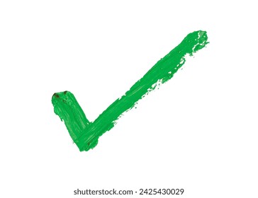 Check mark painted with thick green oil paint on white background with clipping path