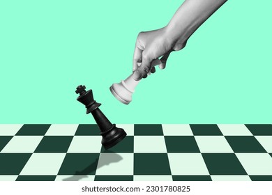 Check mate. hand of businessman moving chess figure Trendy 3d collage in magazine style. Contemporary art. Modern design - Powered by Shutterstock