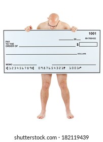 Check: Naked Man Holding Up Blank Bank Check