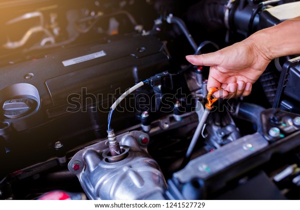 Check the oil level in car engine.\
Mechanic checking car engine or vehicle. Check and maintenance car\
with yourself. Service and maintenance\
vehicle.