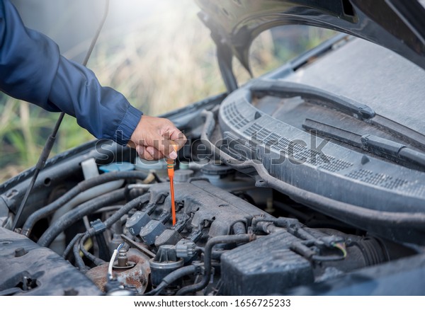 check the oil level in car
engine