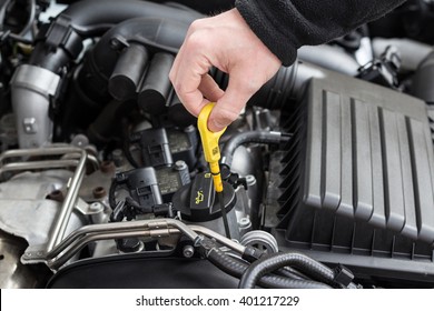 Check The Oil  In Modern Car Motor 