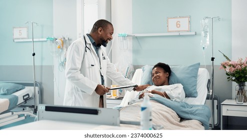 Check, patient and doctor in hospital, clinic or healthcare with sick black woman healing or talking to expert. Health, insurance or surgeon consulting person in rehabilitation with checklist or care - Powered by Shutterstock