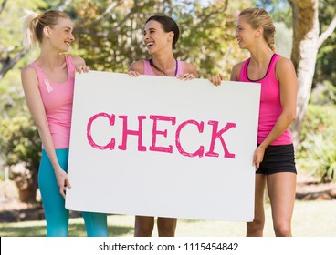 Check Text And Pink Breast Cancer Awareness Women Holding Card