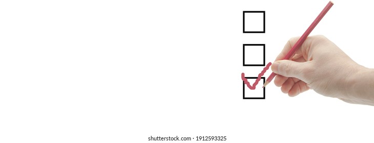Checkbox With A Tick On White Paper With Pen. Checklist Concept. Pencil In Hand. Man Holding A Pen. Space For Text On White. Inscription Surface