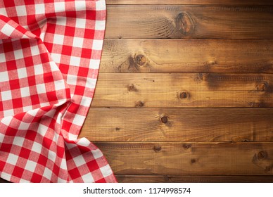 Checked Table Cloth At Wooden  Surface Background, Top View