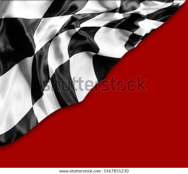 Checkered black\
and white flag on red\
background