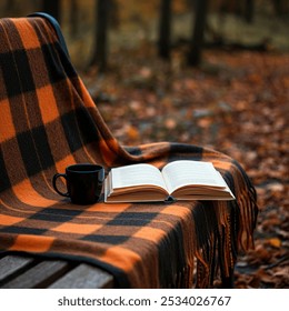 A checkered blanket draped over a bench in the woods holds an open book and a black coffee mug. Autumn leaves are scattered on the ground. - Powered by Shutterstock